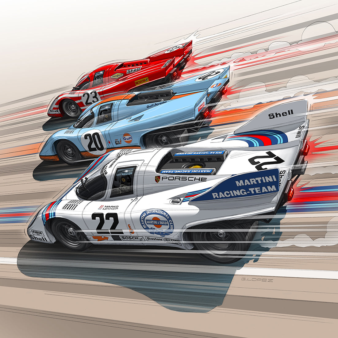 porsche 917 at Le Mans martini racing, shell, gulf at Le Mans