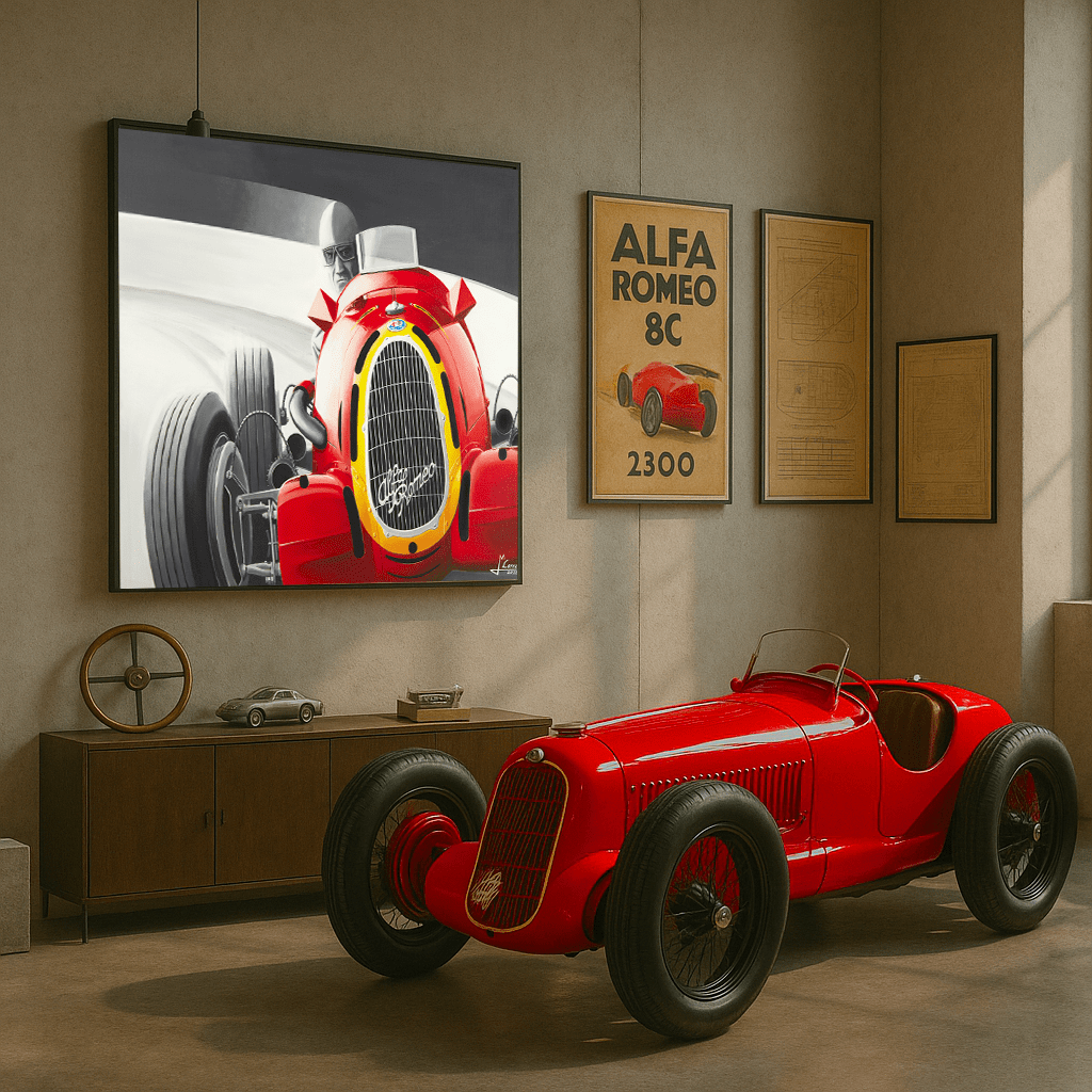 Alfa Romeo 8C Tazio Nuvolari, Automotive Acrylic Painting, created by Jean-Marie Corre, automotive painter.
Limited edition of 20 on fine art paper, exhibition in garage.