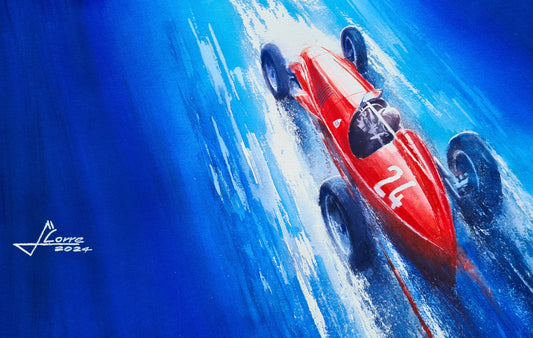 Alfetta 158 F1 GP with Nino Farina at the wheel, Automotive Watercolor Painting, created by Jean-Marie Corre, automotive painter. 
Original and unique artwork on canvas.