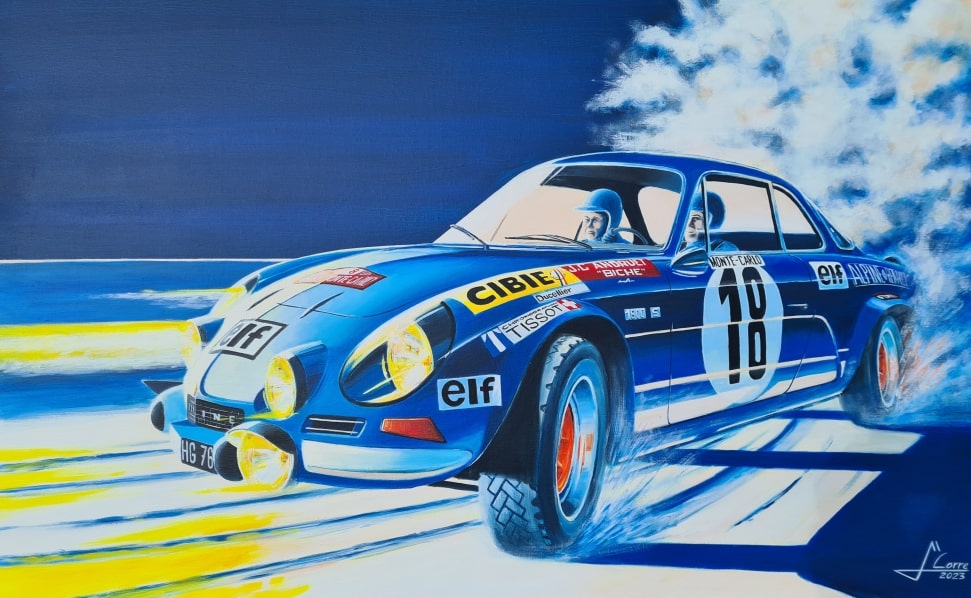 Alpine A110 1973 victory during Monte-Carlo Rallye, Automotive Acrylic Painting, created by Jean-Marie Corre, automotive painter.
Original and unique artwork on canvas.