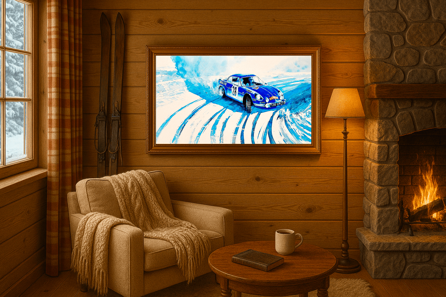 Alpine A110 1971 sliding in the snow during Monte-Carlo Rallye, Automotive Watercolor Painting, created by Jean-Marie Corre, automotive painter.
Original and unique artwork on canvas exhibited in a swiss alps chalet