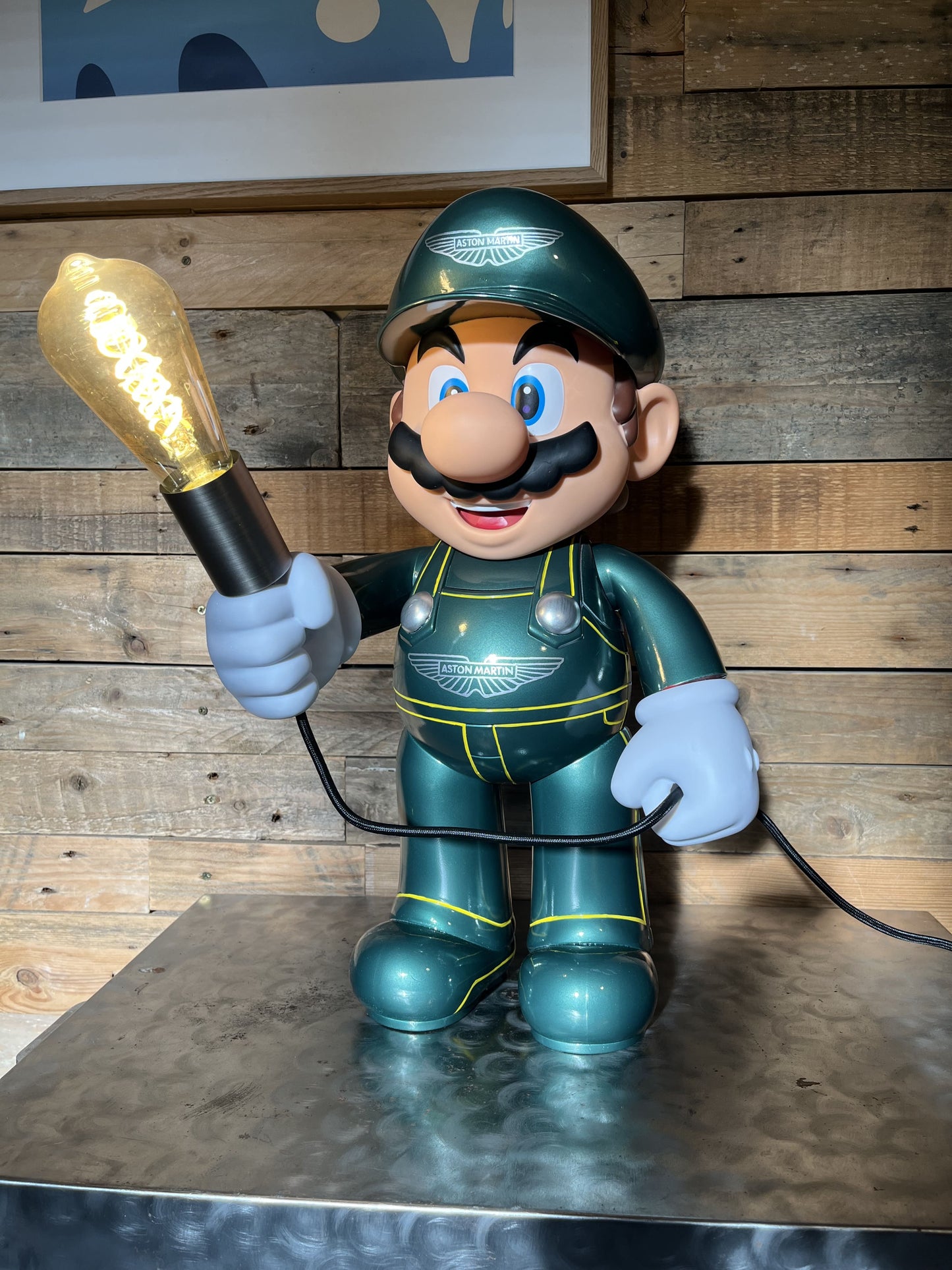 Aston Martin automotive vintage lamp made from a Super Mario miniature, created by Mathieu Ollevier from Vintage Addict, limited edition of 10, 50x30 cm format. Front view showcasing the handpainted detail, a collector’s piece for automotive, vintage and gaming enthusiasts.
