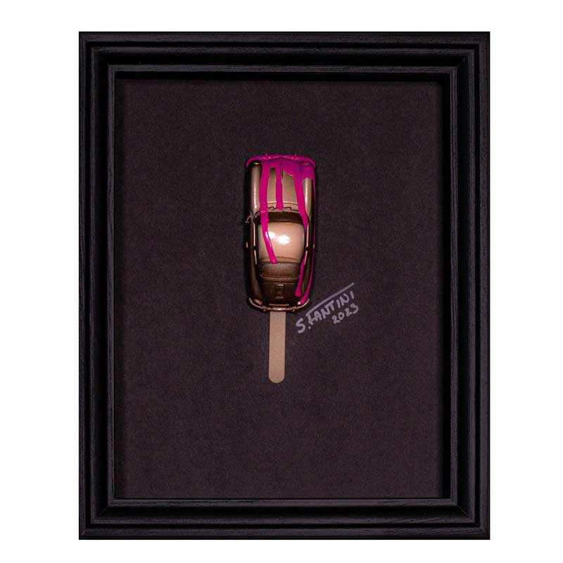 ice cream artwork with Ferdinand Porsche's car brown paint leaks pink front view soren Fantini Art