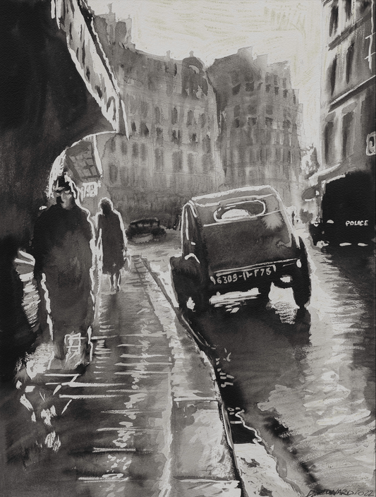 Citroen 2CV in Paris, Automotive China Ink Painting, created by Dominique Leonard, automotive painter. 
Original and unique artwork on canvas.