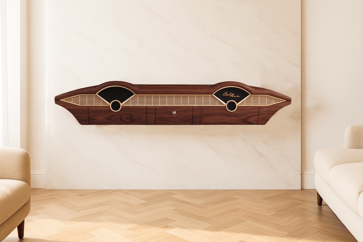 Solid wood furniture representing a Chevrolet Bel Air console, created by Stéphane Carton from Atelier Stéphane Carton, woodworker & cabinetmaker.
Limited edition of 25, 164 x 30 x 30 cm, handcrafted solid American walnut and ash structure, swamp oak veneer (fronts), oiled finish, hand application. Personalization possible.
Perfect for vintage automotive design lovers, classic cars enthusiasts and Chevrolet owners. Chic interior view.