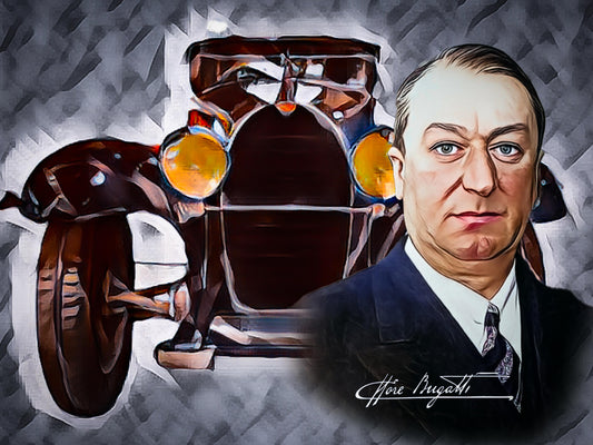 Ettore Bugatti's Portrait Automotive Digital Artwork, created by Denis Poutet from Le Muret des Stands, automotive illustrator. 
Limited edition of 10, different dimensions, printed on plexiglass, aluminium or chromaluxe plate