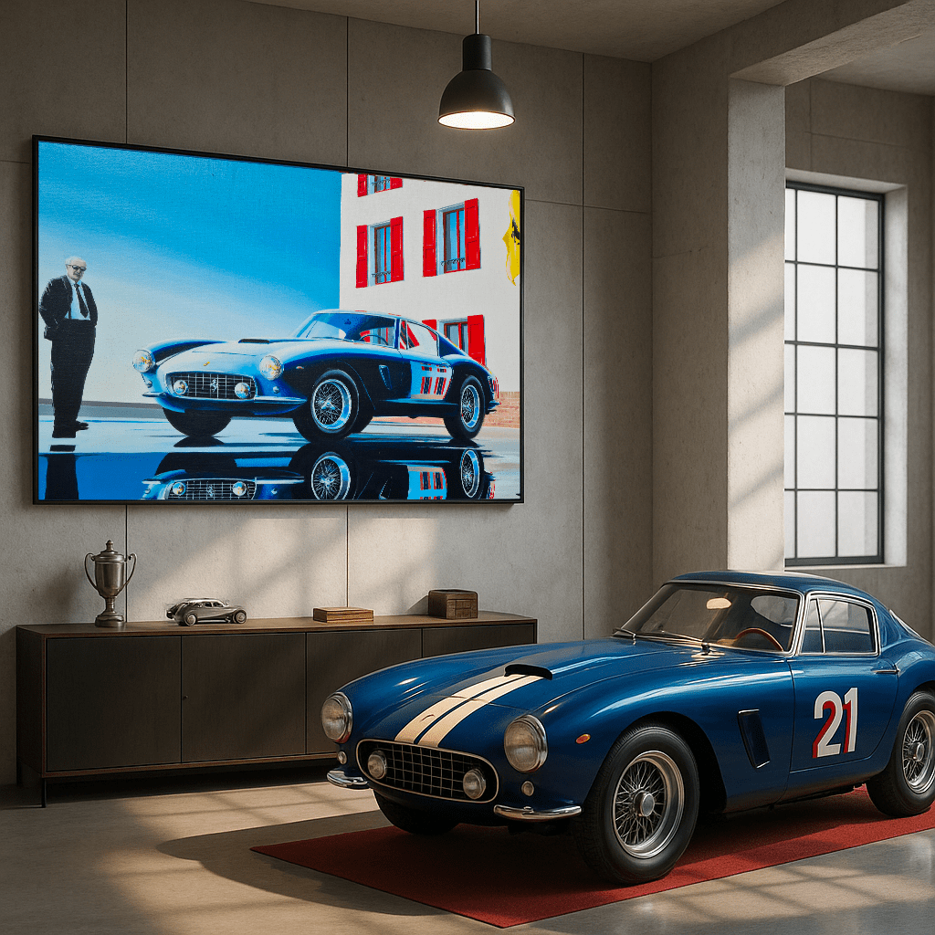 250 GT SWB in Maranello with Enzo Ferrari, Automotive Watercolor Painting, created by Jean-Marie Corre, automotive painter.
Original and unique artwork on canvas, exhibition in a collector's garage