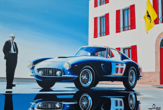 250 GT SWB in Maranello with Enzo Ferrari, Automotive Watercolor Painting, created by Jean-Marie Corre, automotive painter. 
Original and unique artwork on canvas.