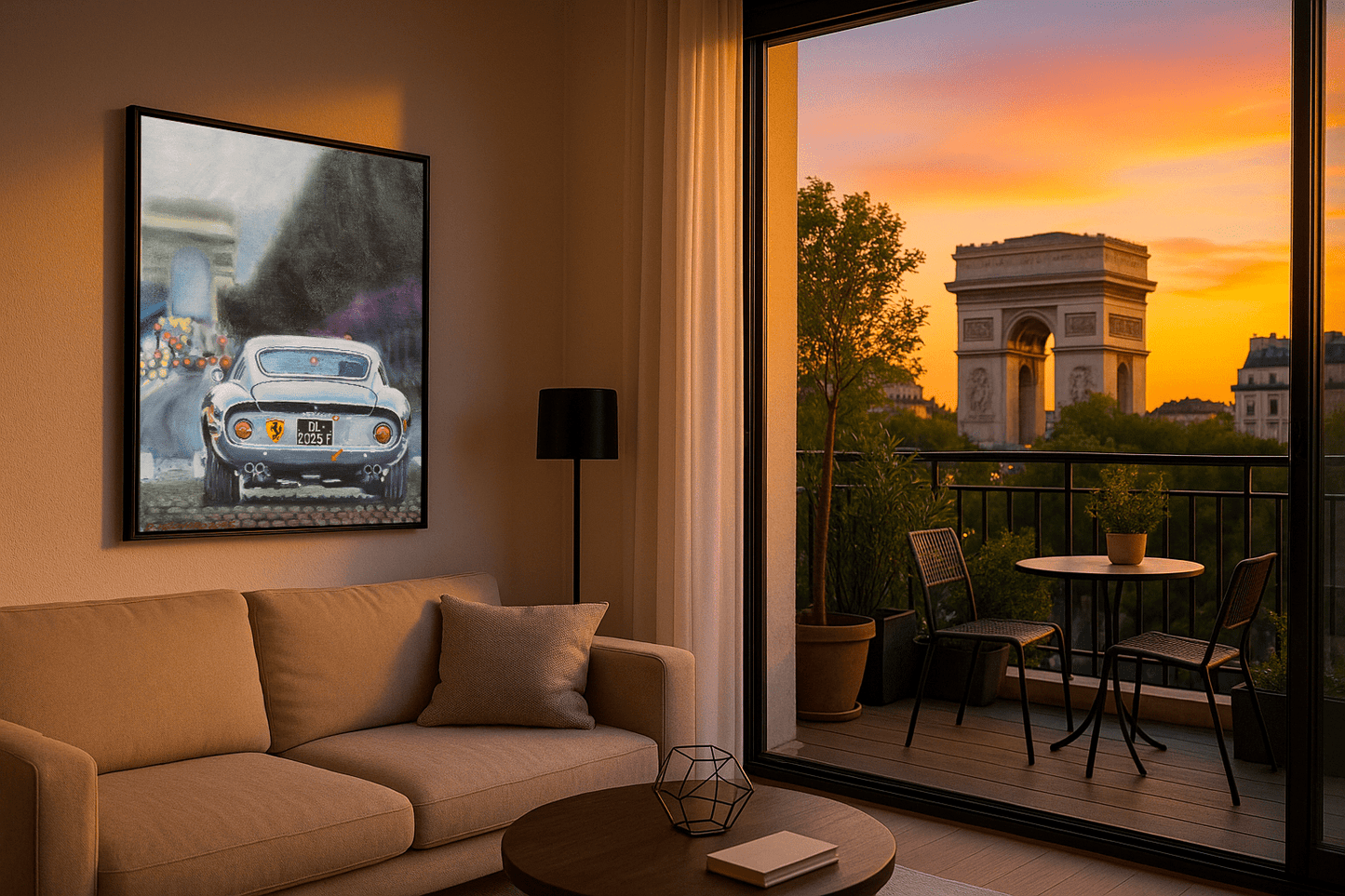 250 GT0 in Paris Champs Elysees Arc de Triomphe, Automotive Oil Painting, created by Dominique Leonard, automotive painter.
Original and unique artwork on canvas exhibition in parisian loft