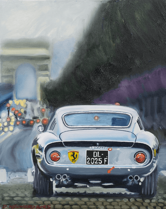 250 GT0 in Paris Champs Elysees Arc de Triomphe, Automotive Oil Painting, created by Dominique Leonard, automotive painter. 
Original and unique artwork on canvas.