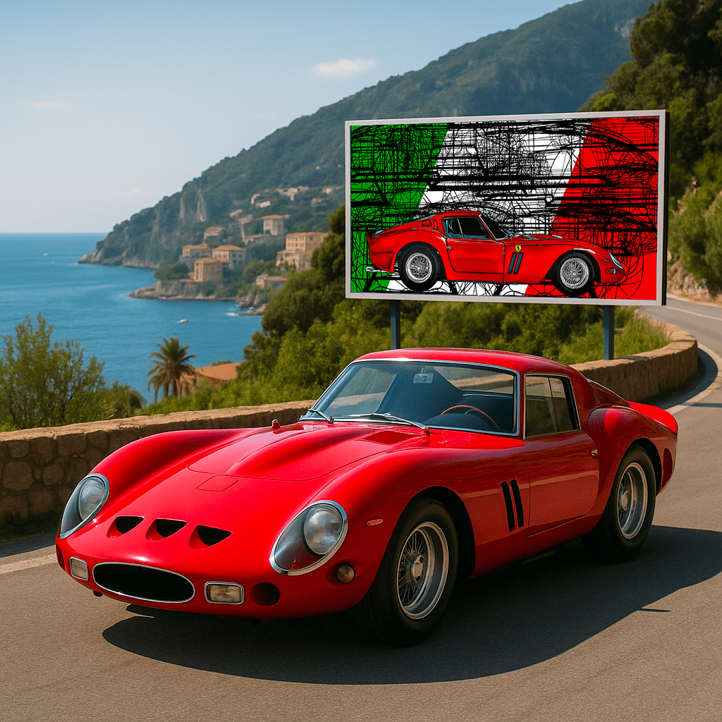 Ferrari 250 GTO Italia Red Automotive Digital Artwork, created by Denis Poutet from Le Muret des Stands, automotive illustrator. On the road to Portofino.
Limited edition of 10, different dimensions, printed on plexiglass, aluminium or chromaluxe plate