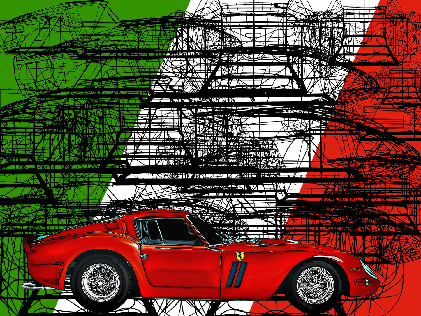 Ferrari 250 GTO Italia Red Automotive Digital Artwork, created by Denis Poutet from Le Muret des Stands, automotive illustrator.
Limited edition of 10, different dimensions, printed on plexiglass, aluminium or chromaluxe plate