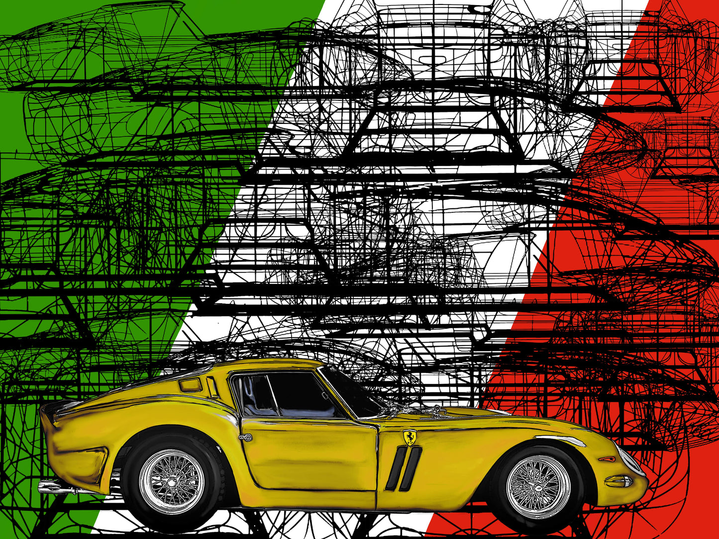 Ferrari 250 GTO Italia yellow Automotive Digital Artwork, created by Denis Poutet from Le Muret des Stands, automotive illustrator.
Limited edition of 10, different dimensions, printed on plexiglass, aluminium or chromaluxe plate