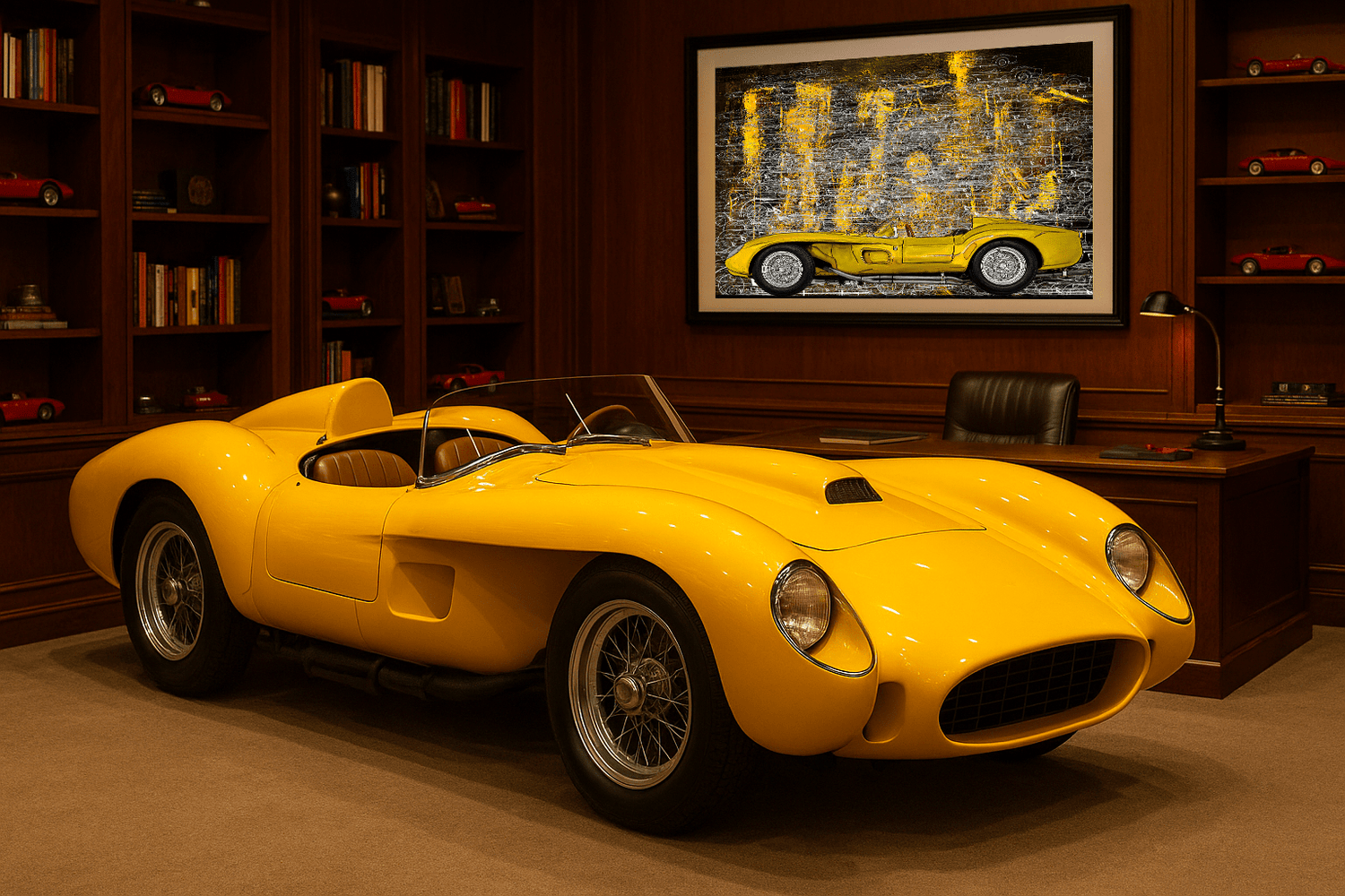 Ferrari 250 TR yellow. Automotive Digital Artwork, created by Denis Poutet from Le Muret des Stands, automotive illustrator.
Limited edition of 10, different dimensions, printed on plexiglass, aluminium or chromaluxe plate. Exhibition in an office.