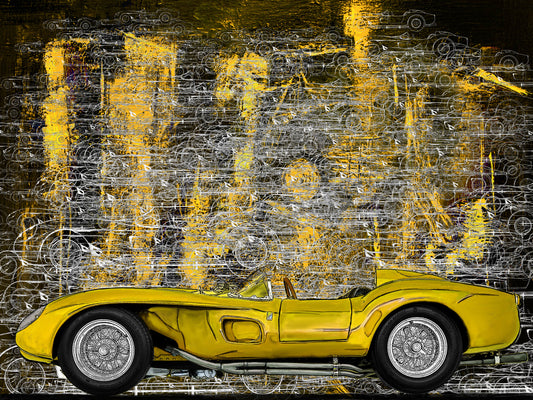 Ferrari 250 TR yellow Automotive Digital Artwork, created by Denis Poutet from Le Muret des Stands, automotive illustrator. 
Limited edition of 10, different dimensions, printed on plexiglass, aluminium or chromaluxe plate