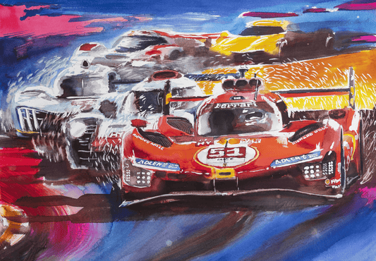 Ferrari 499P at Le Mans, Automotive Watercolor & China Ink Painting, created by Dominique Leonard, automotive painter. 
Original and unique artwork on canvas.