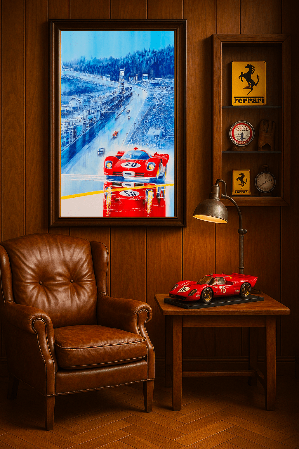 Ferrari 512 S with John Surtees & Jacky Ickx at the wheel at SPA Francorchamps, Automotive Watercolor Painting, created by Jean-Marie Corre, automotive painter.
Original and unique artwork on canvas, exhibition in mancave