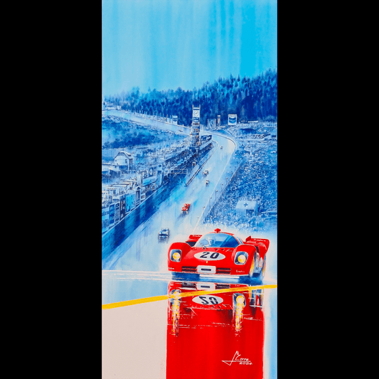 Ferrari 512 S with John Surtees & Jacky Ickx at the wheel at SPA Francorchamps, Automotive Watercolor Painting, created by Jean-Marie Corre, automotive painter. 
Original and unique artwork on canvas.