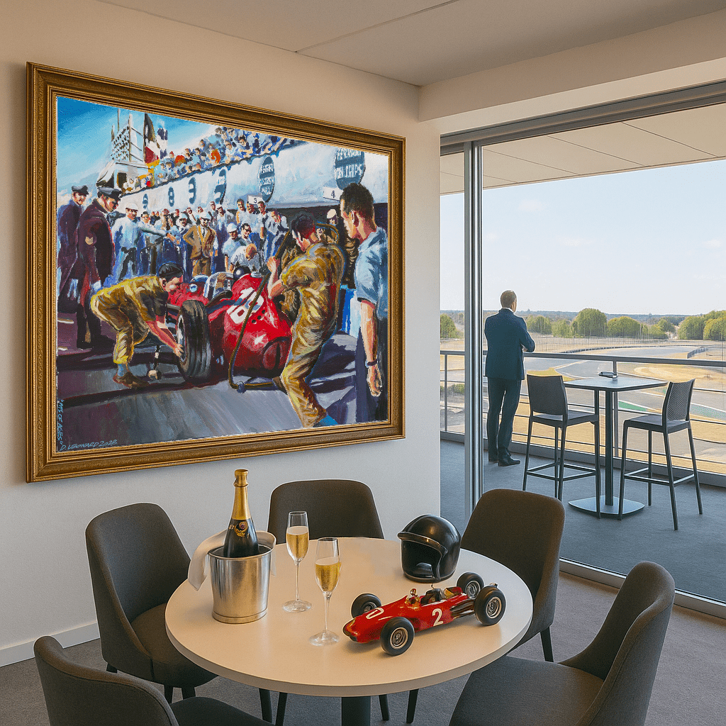 Ferrari F1 555 "super squalo" pit stop acrylic painting created by Dominique Leonard, automotive painter. 
Original and unique artwork on canvas exhibition in race track hospitalities