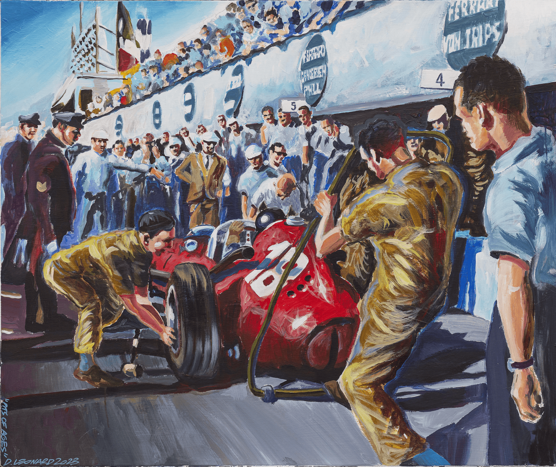 Ferrari F1 555 "super squalo" pit stop acrylic painting created by Dominique Leonard, automotive painter. 
Original and unique artwork on canvas.