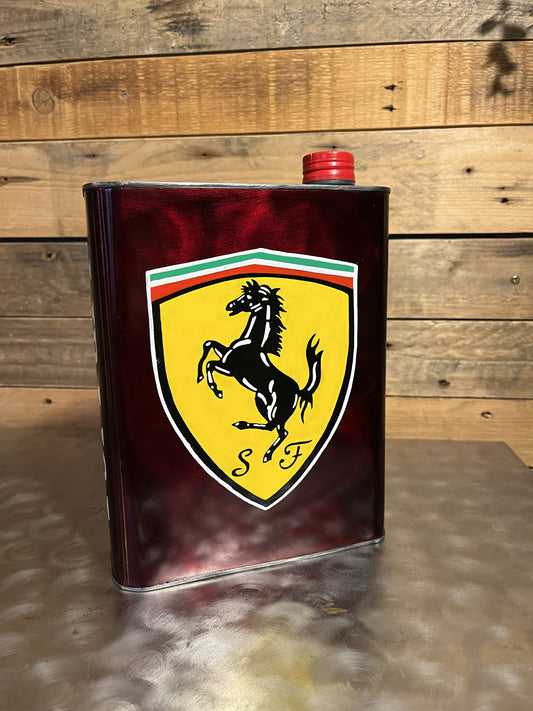 Ferrari red hand-painted custom vintage automotive oil can, created by Mathieu Ollevier from Vintage Addict, limited edition of 10, 23x17 cm format. Front view showcasing the handpainted detail, a collector’s piece for automotive, vintage and art enthusiasts.