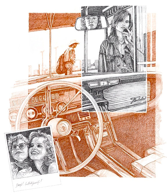 lead pencil drawing of "Thelma & Louise" (1991) signed by Patrick Brunet. Supplied with certificate of authenticity. Ford Thunderbird. Susan Sarandon & Geena Davis iconic scene. Brad Pitt's cinema debut.