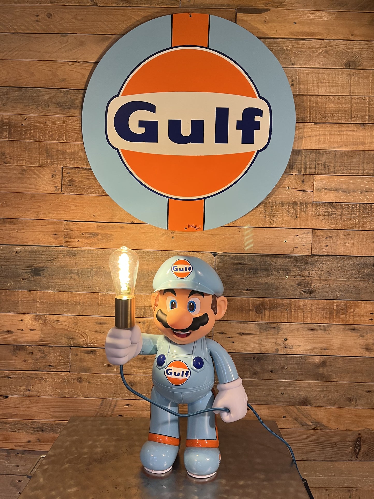 Gulf orange blue automotive vintage lamp made from a Super Mario miniature, created by Mathieu Ollevier from Vintage Addict, limited edition of 10, 50x30 cm format. Front view showcasing the handpainted detail, a collector’s piece for automotive, vintage and gaming enthusiasts.