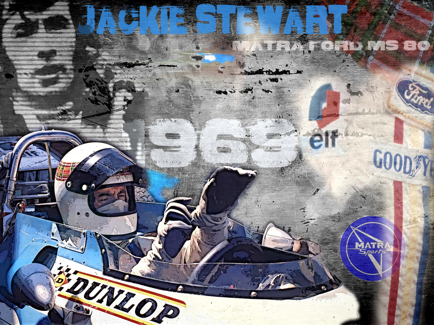 Jackie Stewart Celebration Matra Ford MS 80 in 1969. Automotive Digital Artwork, created by Denis Poutet from Le Muret des Stands, automotive illustrator.
Limited edition of 10, different dimensions, printed on plexiglass, aluminium or chromaluxe plate