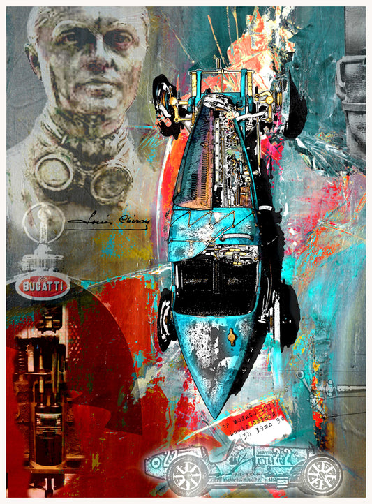 Louis Chiron Bugatti T35 Automotive Digital Artwork, created by Denis Poutet from Le Muret des Stands, automotive illustrator. 
Limited edition of 10, different dimensions, printed on plexiglass, aluminium or chromaluxe plate