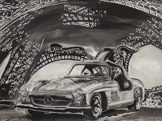 Mercedes 300 SL Gullwing under the Eiffel Tower, Automotive Oil Painting, created by Dominique Leonard, automotive painter. 
Original and unique artwork on canvas