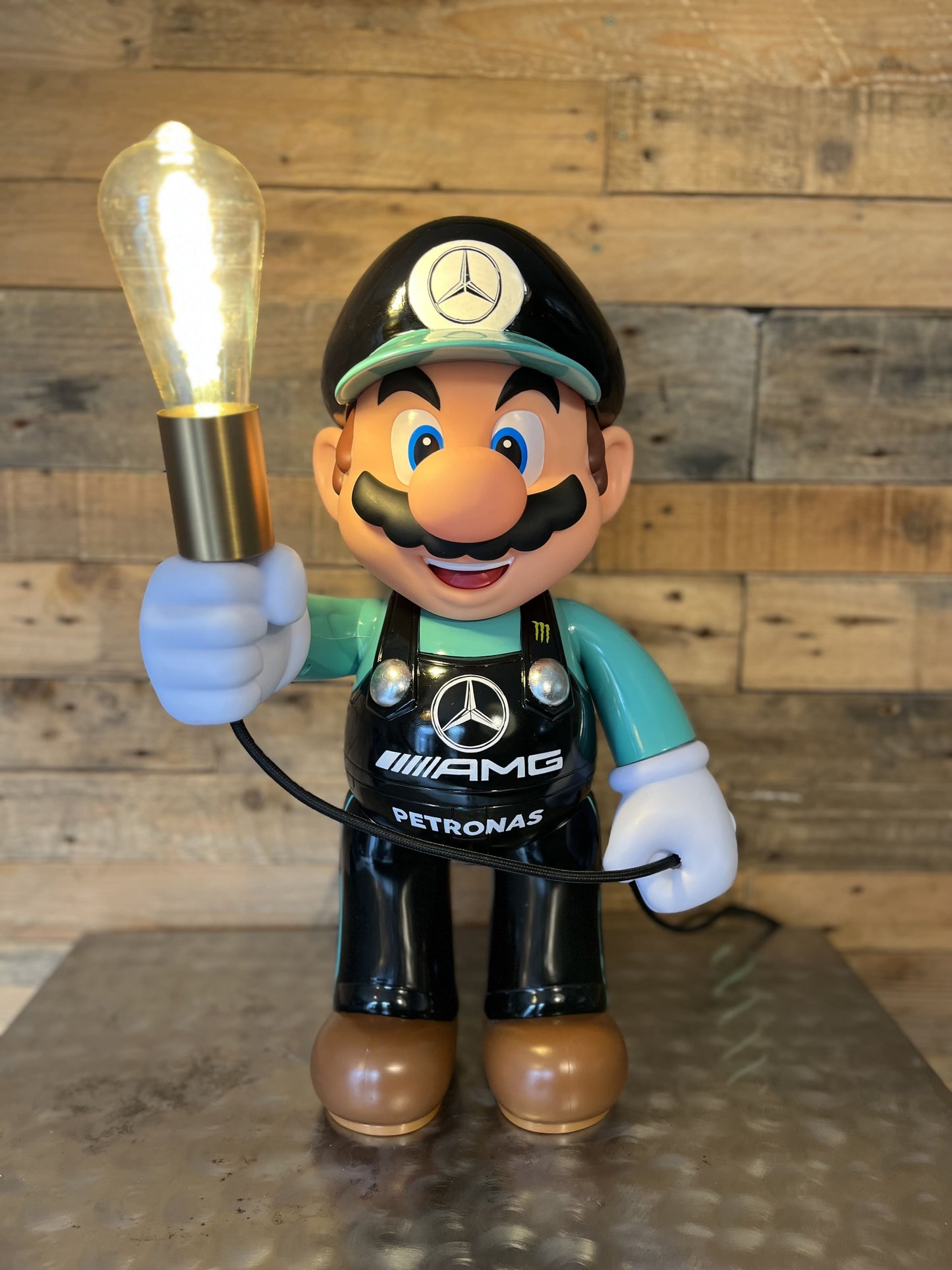 Mercedes black automotive vintage lamp made from a Super Mario miniature, created by Mathieu Ollevier from Vintage Addict, limited edition of 10, 50x30 cm format. Front view showcasing the handpainted detail, a collector’s piece for automotive, vintage and gaming enthusiasts.