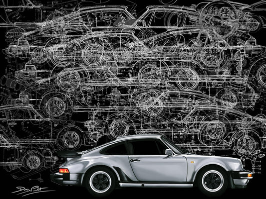 Porsche 911 930 Turbo Grey Automotive Digital Artwork, created by Denis Poutet from Le Muret des Stands, automotive illustrator. 
Limited edition of 10, different dimensions, printed on plexiglass, aluminium or chromaluxe plate