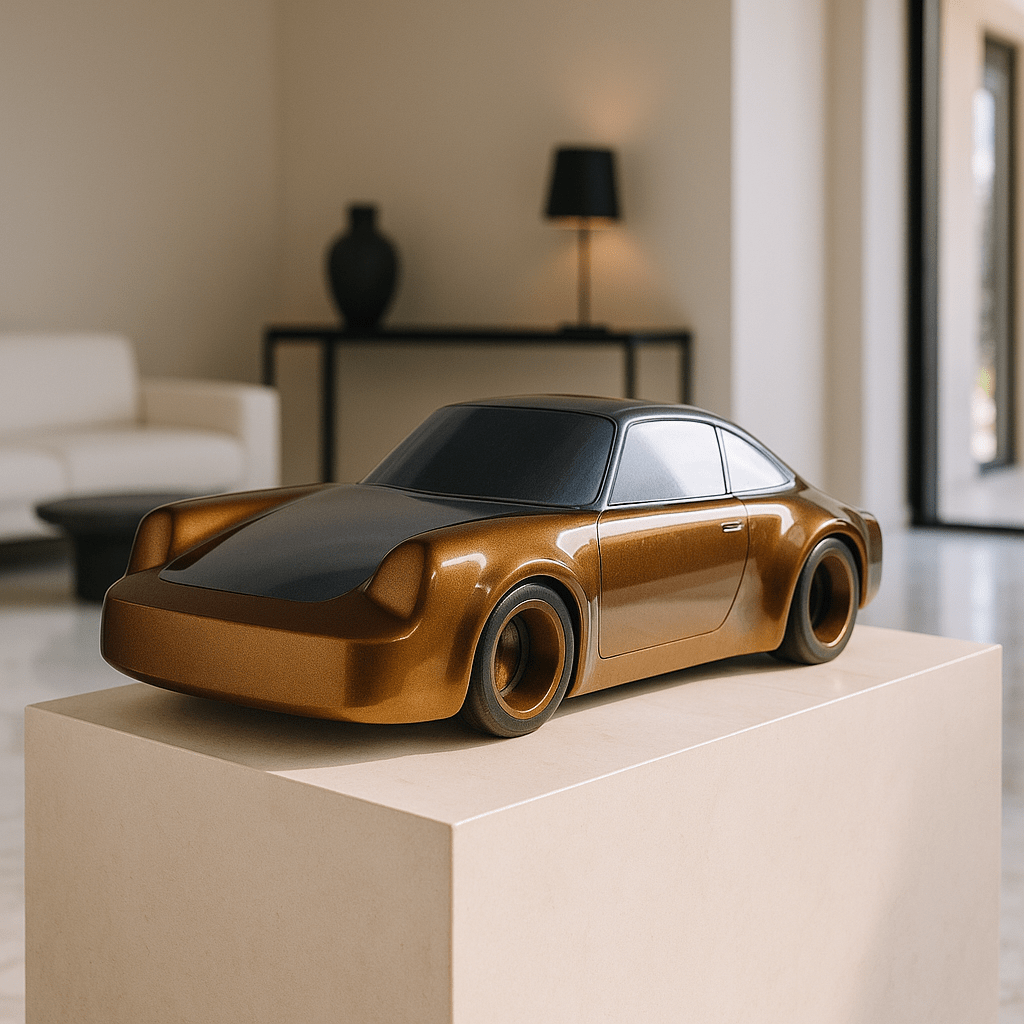 Metal sheet automotive sculpture with silver and gold finish representing a Porsche 911 Flat 6, created by Frédéric Girard, limited edition of 8, 58x25 cm format. 3/4 interior view showcasing the iconic curves and the meticulous attention to each sculpted detail, a collector’s piece for automotive and fine craftsmanship enthusiasts.