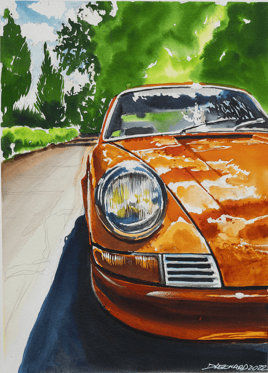 Porsche 912 Blutorange by the River Seine in Paris, Automotive Watercolor & China Ink Painting, created by Dominique Leonard, automotive painter. 
Original and unique artwork on canvas