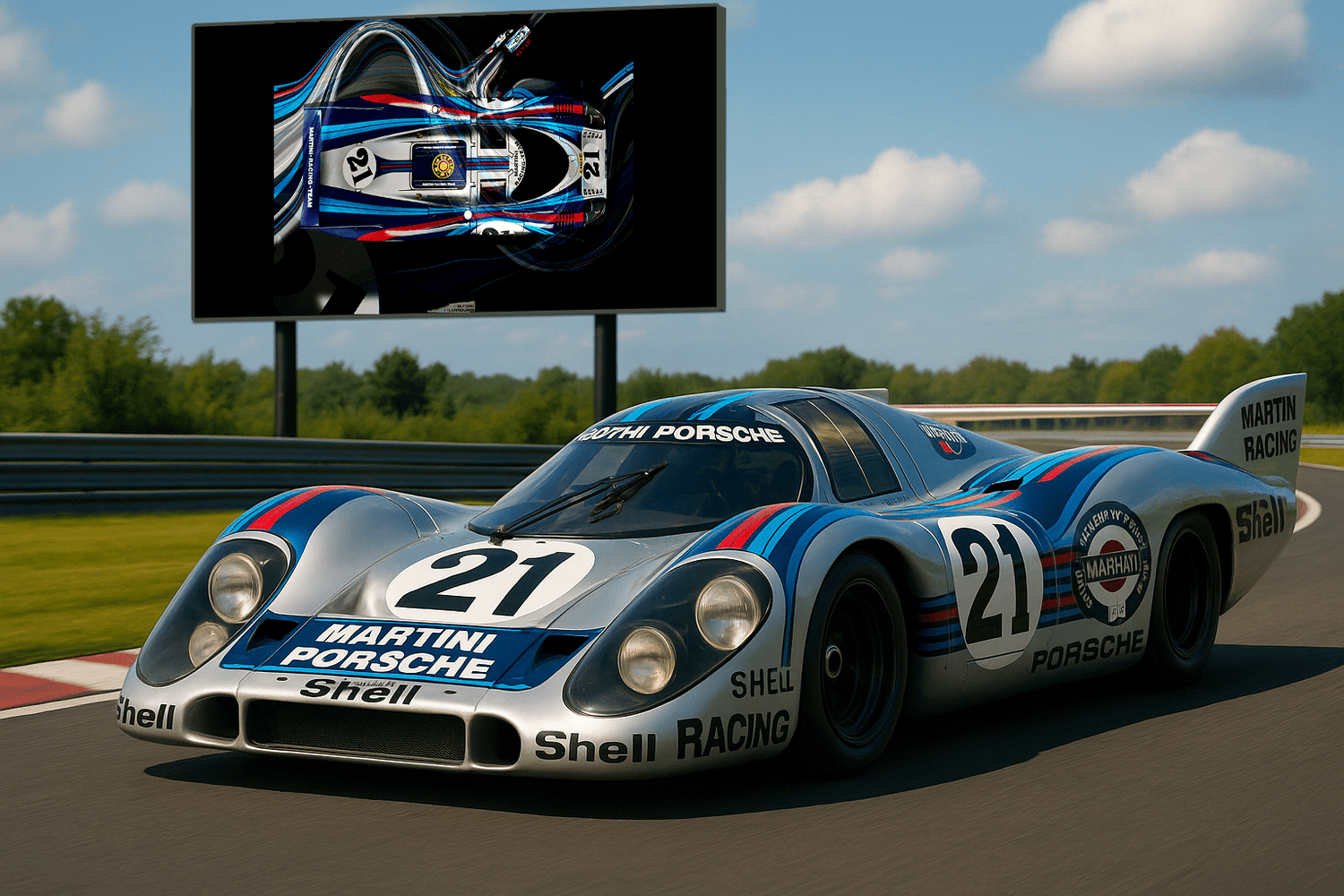 Porsche 917 LH Martini Racing Automotive Digital Artwork, created by Denis Poutet from Le Muret des Stands, automotive illustrator.
Limited edition of 10, different dimensions, printed on plexiglass, aluminium or chromaluxe plate.
Le Mans track, piloted by G.Larrousse and Vic Elford.