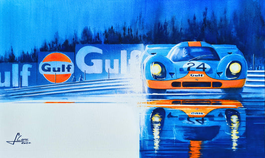 Porsche 917K Gulf Racing with Joe Siffert at the wheel in SPA Francorchamps, Automotive Watercolor Painting, created by Jean-Marie Corre, automotive painter. 
Original and unique artwork on canvas.