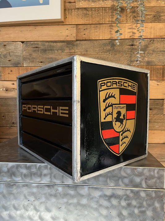 Porsche black custom automotive galley box, created by Mathieu Ollevier from Vintage Addict, limited edition of 8, 40x28x28 cm format. Back view showcasing the handpainted detail, a collector’s piece for automotive, vintage and aviation enthusiasts.