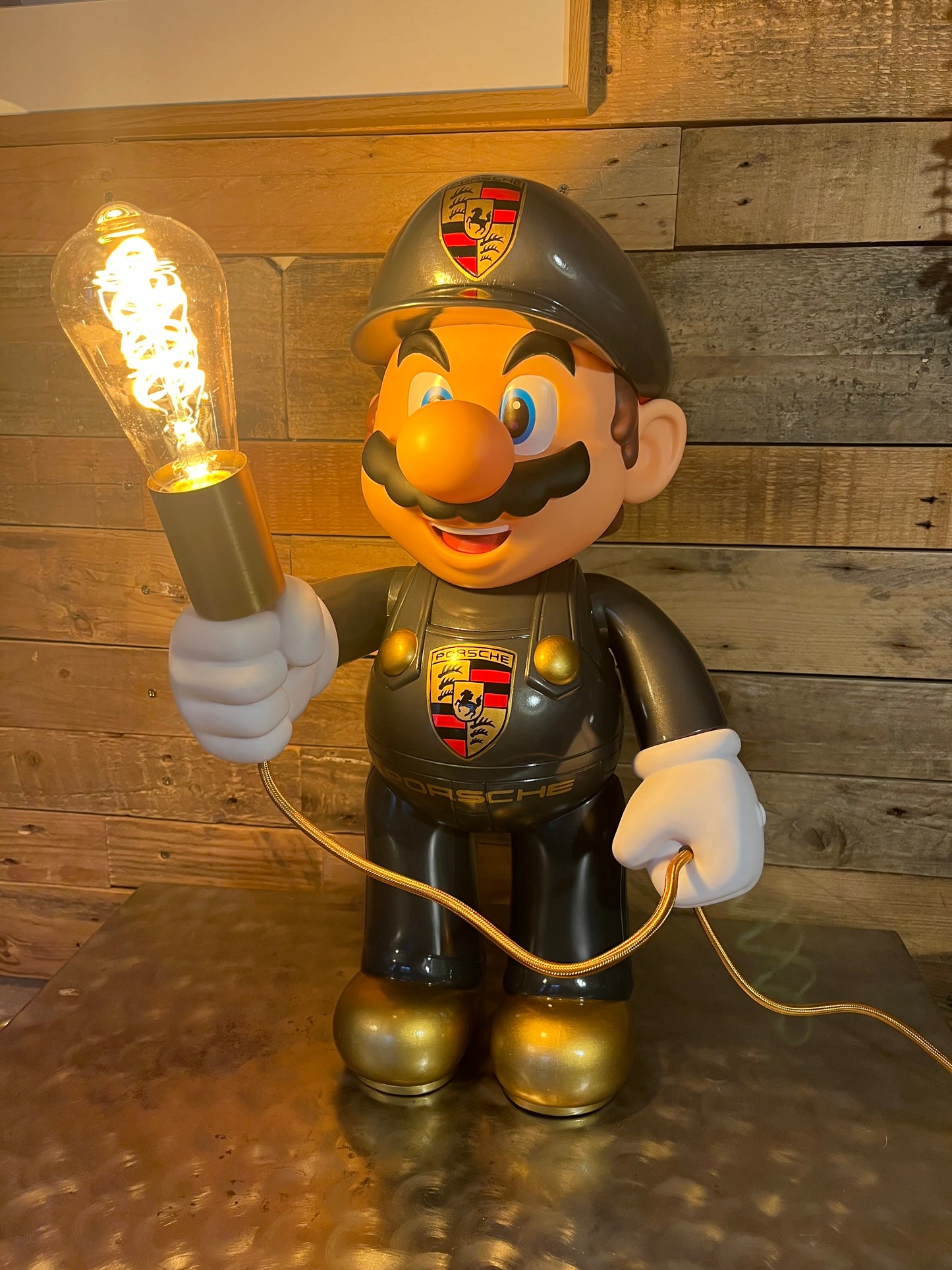 Porsche grey automotive vintage lamp made from a Super Mario miniature, created by Mathieu Ollevier from Vintage Addict, limited edition of 10, 50x30 cm format. Front view showcasing the handpainted detail, a collector’s piece for automotive, vintage and gaming enthusiasts.