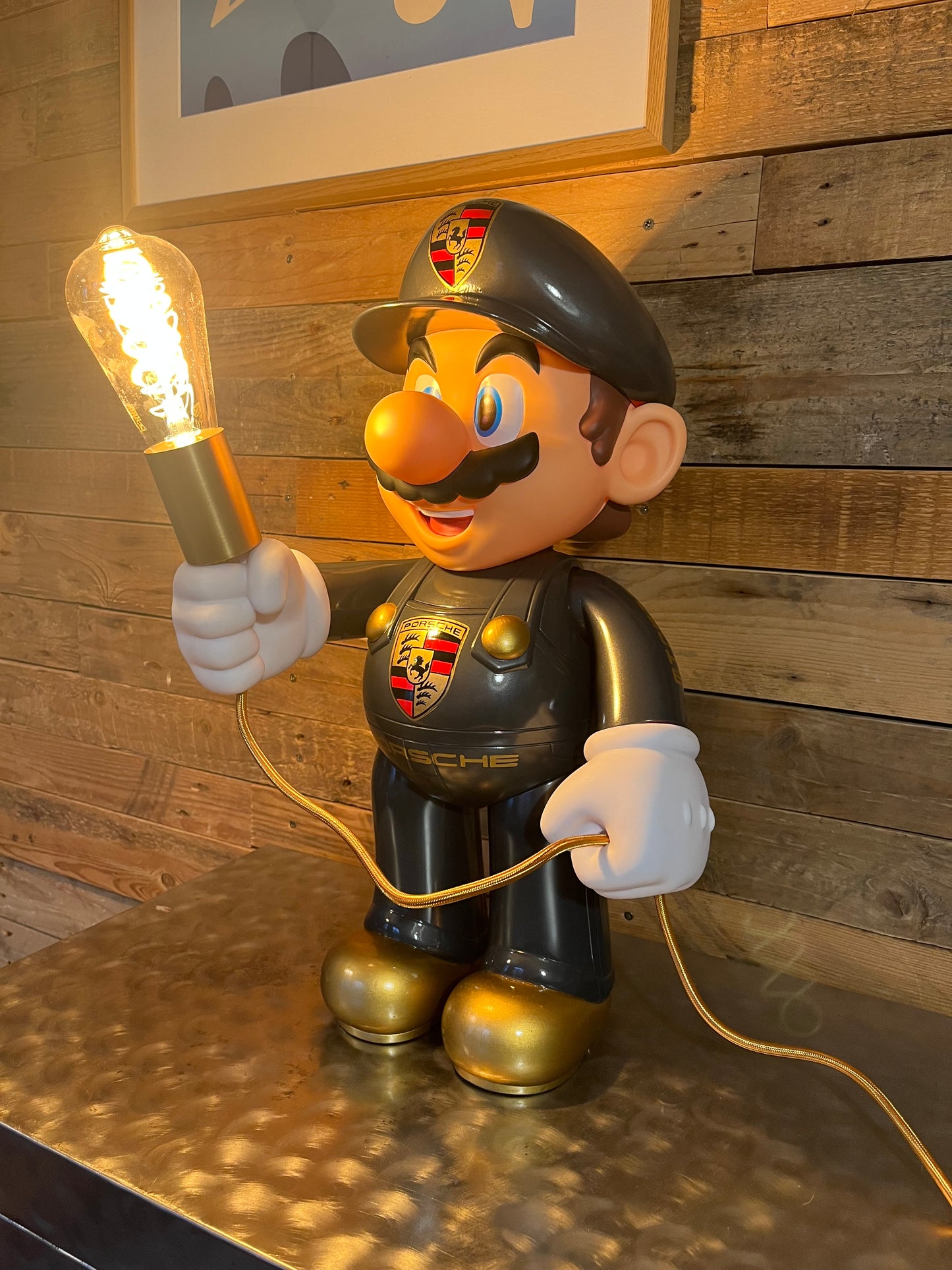 Porsche grey automotive vintage lamp made from a Super Mario miniature, created by Mathieu Ollevier from Vintage Addict, limited edition of 10, 50x30 cm format. Side view showcasing the handpainted detail, a collector’s piece for automotive, vintage and gaming enthusiasts.