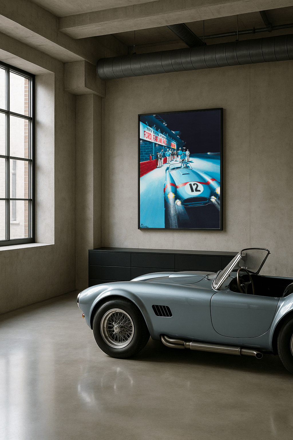 Shelby Cobra in 12 Hours of Sebring, Automotive Watercolor Painting, created by Jean-Marie Corre, automotive painter.
Original and unique artwork on canvas, exhibition in a collectors garage