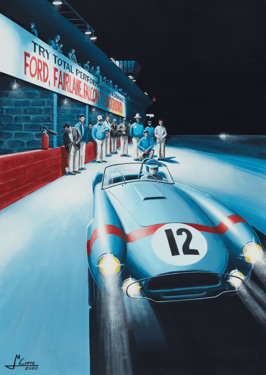 Shelby Cobra in 12 Hours of Sebring, Automotive Watercolor Painting, created by Jean-Marie Corre, automotive painter. 
Original and unique artwork on canvas.
