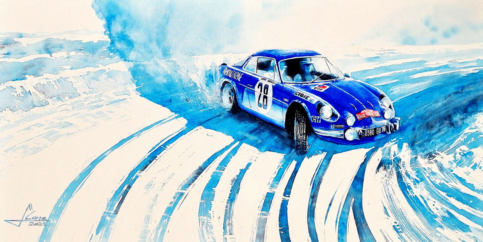 Alpine A110 1971 sliding in the snow during Monte-Carlo Rallye, Automotive Watercolor Painting, created by Jean-Marie Corre, automotive painter. 

Original and unique artwork on canvas.