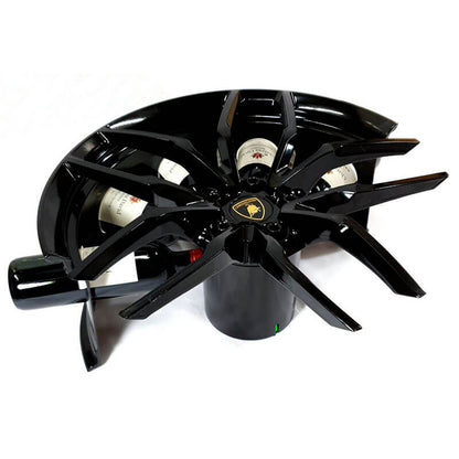 Car wheel rim bottle display stand made from a Lamborghini Huracan wheel rim. This automotive art object measures 55x24 cm. Custom-made and handcrafted by Car2Art. Ideal for automotive art collectors. It can hold five bottles of wine or spirits. Side view.