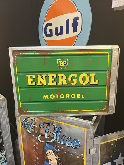 BP yellow green custom automotive galley box, created by Mathieu Ollevier from Vintage Addict, limited edition of 8, 40x28x28 cm format. Side view showcasing the handpainted detail, a collector’s piece for automotive, vintage and aviation enthusiasts.