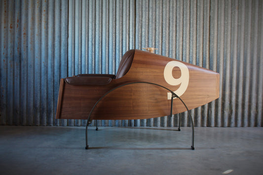 Solid wood furniture representing a Bugatti Type 35 armchair, created by Stéphane Carton from Atelier Stéphane Carton, woodworker & cabinetmaker.

Limited edition of 25, 150 x 87 x 87  cm, american oak, numbered. Personalization possible.

Perfect for vintage automotive design lovers, classic cars enthusiasts and Bugatti owners. Side view.