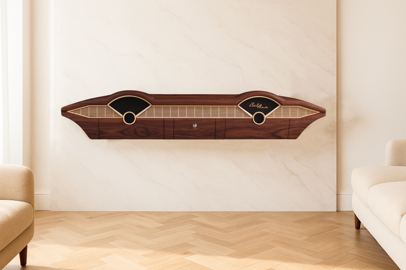 Solid wood furniture representing a Chevrolet Bel Air console, created by Stéphane Carton from Atelier Stéphane Carton, woodworker & cabinetmaker.

Limited edition of 25, 164 x 30 x 30 cm, handcrafted solid American walnut and ash structure, swamp oak veneer (fronts), oiled finish, hand application. Personalization possible.

Perfect for vintage automotive design lovers, classic cars enthusiasts and Chevrolet owners. Chic interior view.