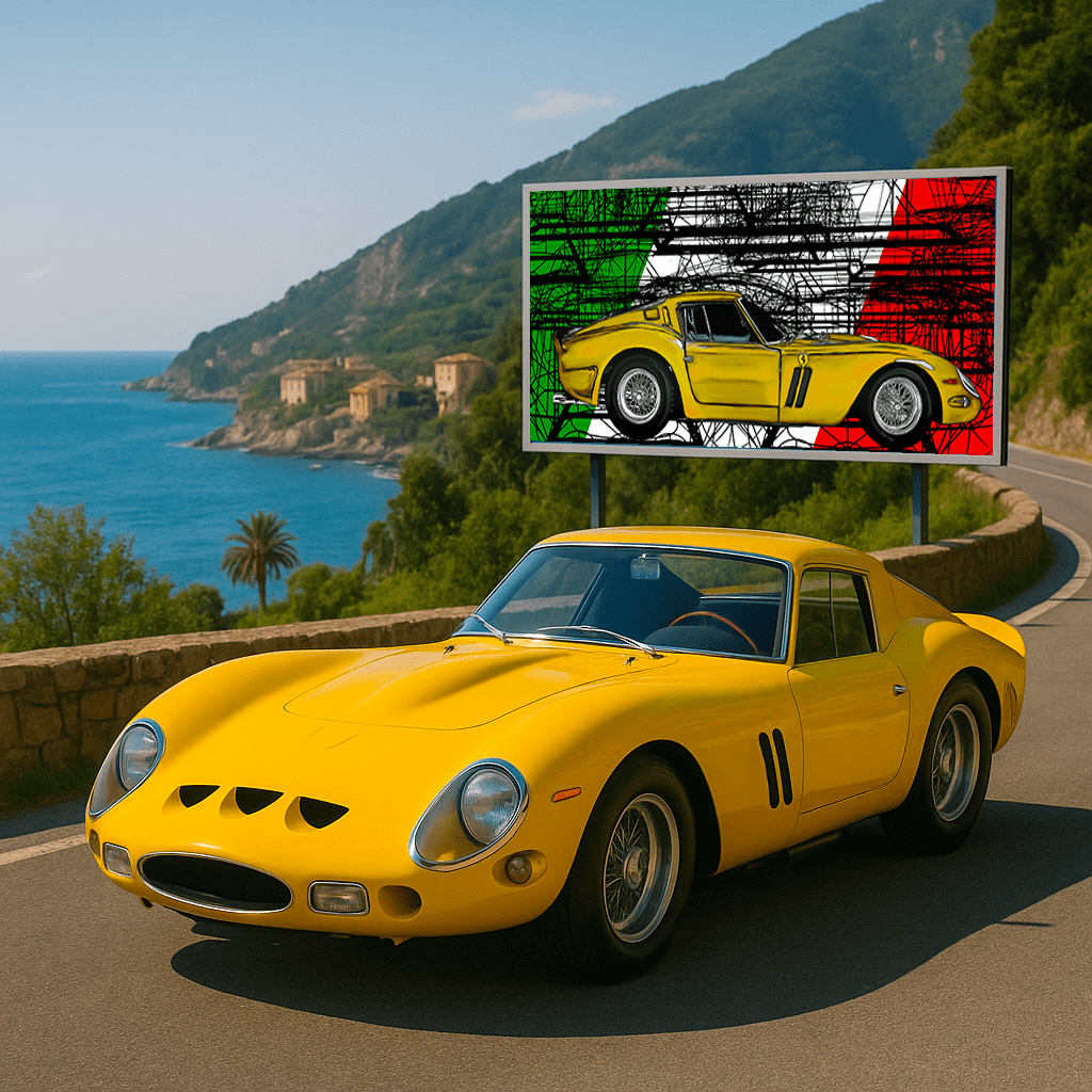 Ferrari 250 GTO Italia Yellow Automotive Digital Artwork, created by Denis Poutet from Le Muret des Stands, automotive illustrator. On the road to Portofino.

Limited edition of 10, different dimensions, printed on plexiglass, aluminium or chromaluxe plate