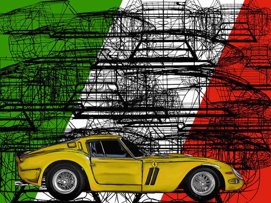 Ferrari 250 GTO Italia yellow Automotive Digital Artwork, created by Denis Poutet from Le Muret des Stands, automotive illustrator. 

Limited edition of 10, different dimensions, printed on plexiglass, aluminium or chromaluxe plate