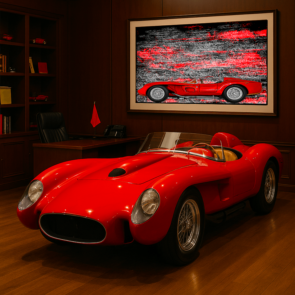 Ferrari 250 TR red Automotive Digital Artwork, created by Denis Poutet from Le Muret des Stands, automotive illustrator. 

Limited edition of 10, different dimensions, printed on plexiglass, aluminium or chromaluxe plate. Exhibition in an office.