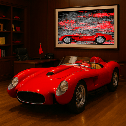 Ferrari 250 TR red Automotive Digital Artwork, created by Denis Poutet from Le Muret des Stands, automotive illustrator. 

Limited edition of 10, different dimensions, printed on plexiglass, aluminium or chromaluxe plate. Exhibition in an office.